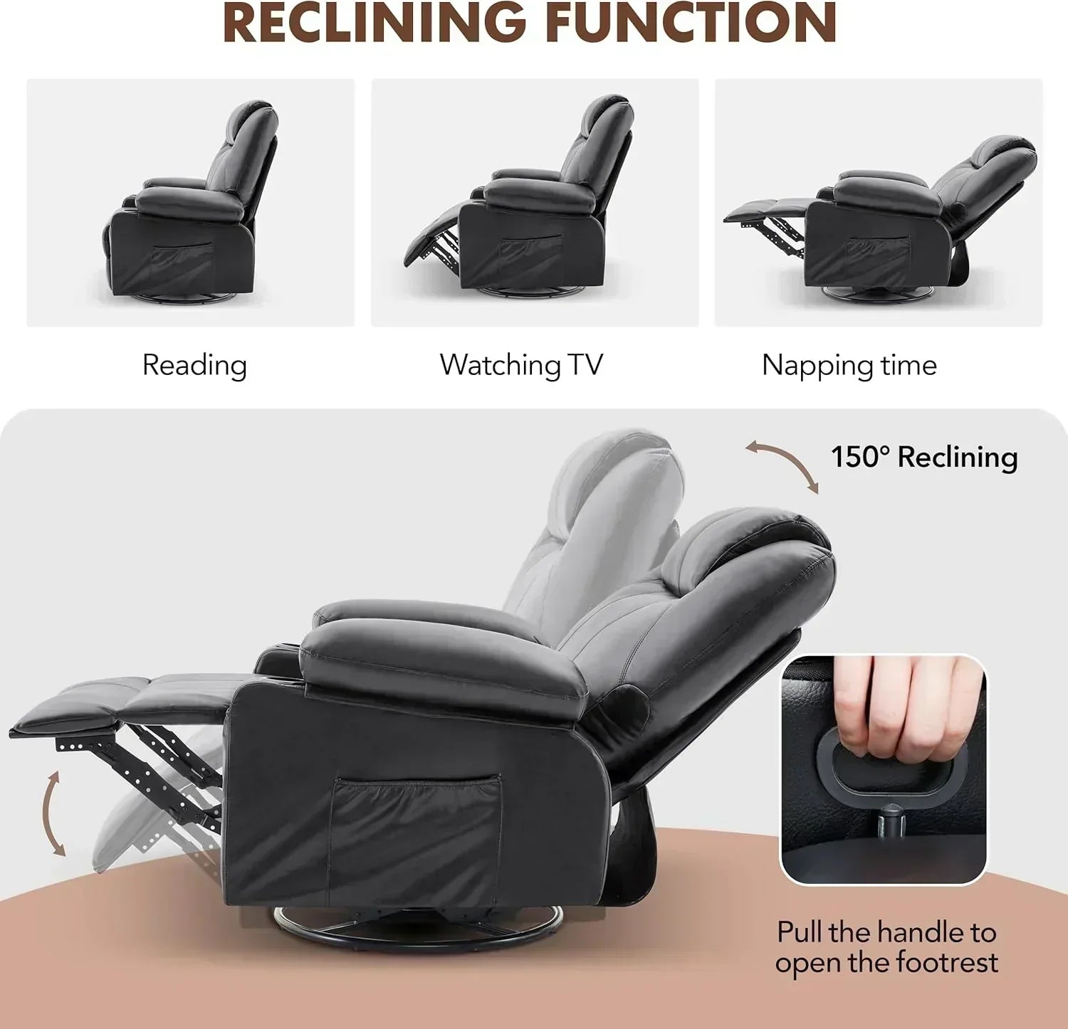 Large Swivel Rocking Recliner with Massage Function 360 Degree Swivel Rocking Single Sofa
