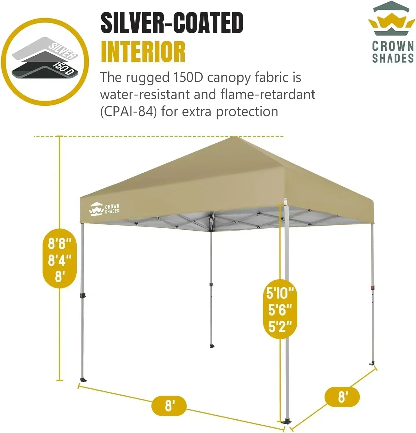 10x10 Pop-Up Awning One-Click Installation Beach Tent Outdoor Sunshade Silver Coated Top