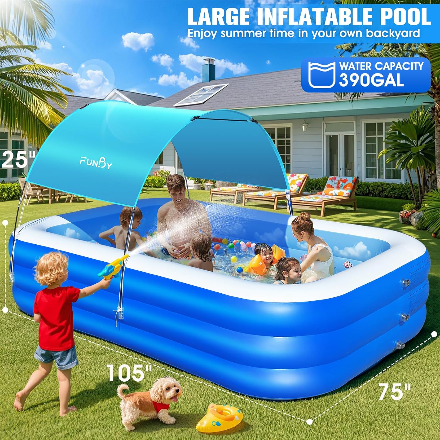 Inflatable Pool with Canopy,Upgraded Inflatable Swimming Pool for Kids,Adult,Large Inflatable Blow up Pools,Ocean Theme Oversized Thickened 105x75x25Inflatable Family Pools for Backyard-Blue