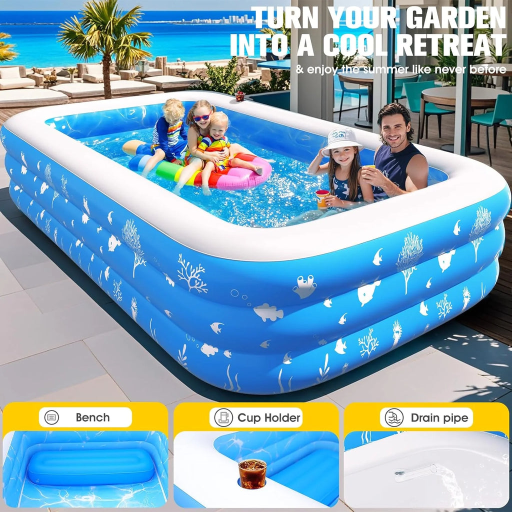 Inflatable Pool with Seat and Pool Lights, Durable Thickened Large Size Family Inflatable Pools for Adults Blow Up Pools,105 x 65 x 25Swimming Inflatable Kids PooI for Backyard,Outdoor (White)