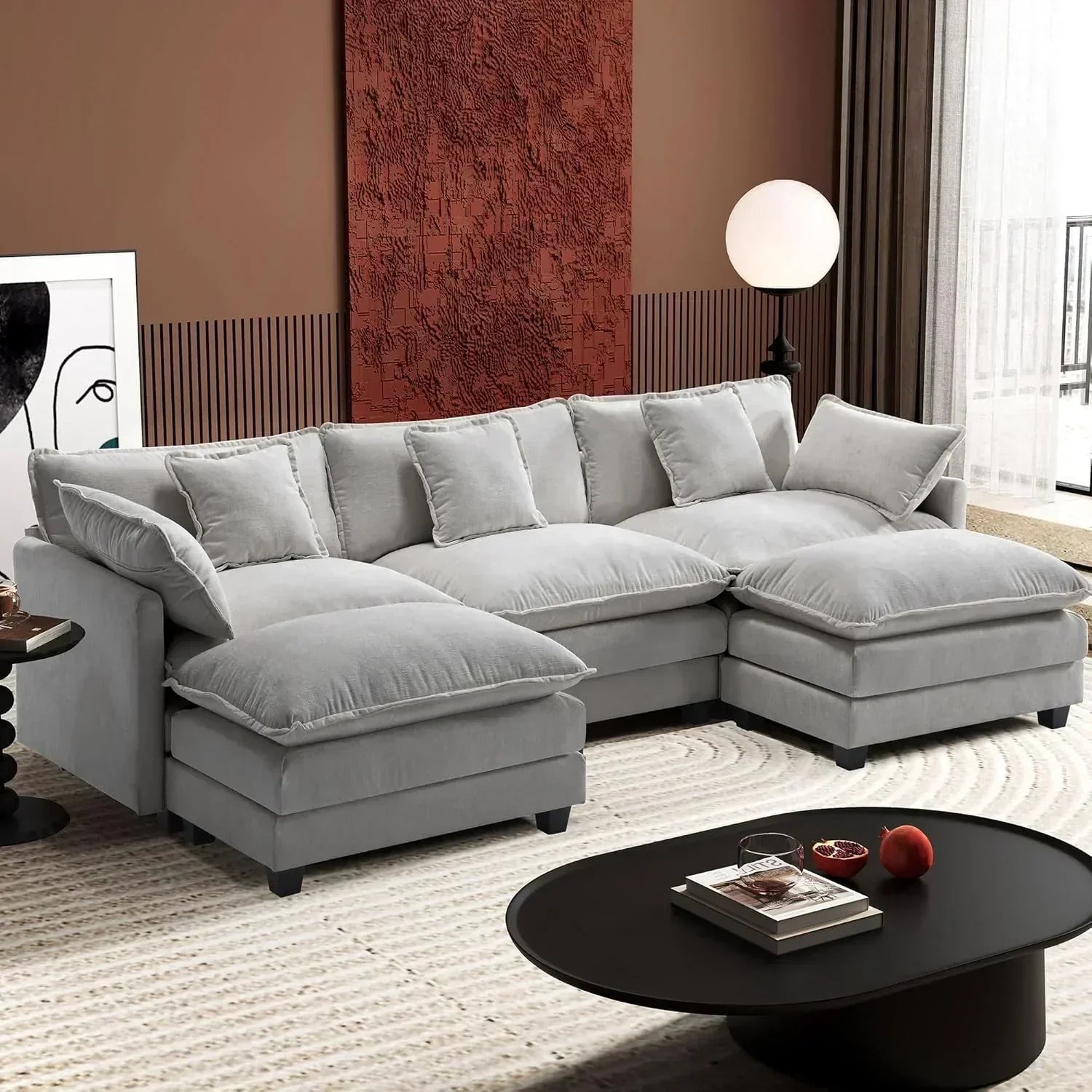 111.4 Inch L Shaped Modern Sofa Modular Cloud Sofa with Ottoman 4 Seater Chenille Deep Seat Sofa