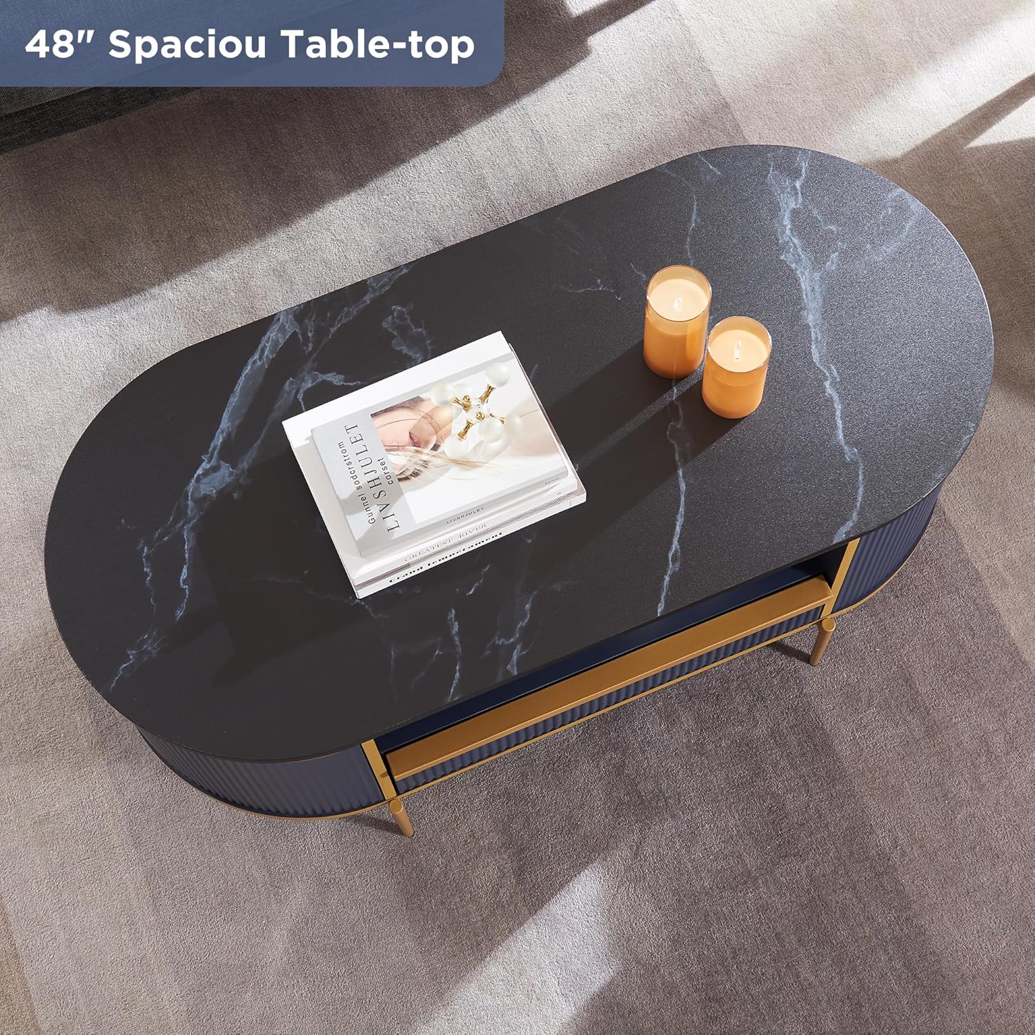 OKD Modern Luxury Grooved Coffee Table 48 Inch Oval Coffee Table Drawers Imitation Marble Top