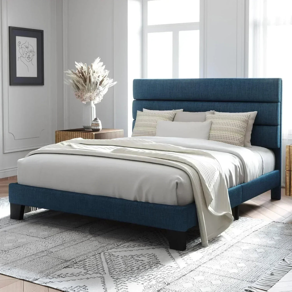 Allewie King size platform bed frame with velvet upholstered headboard and planks