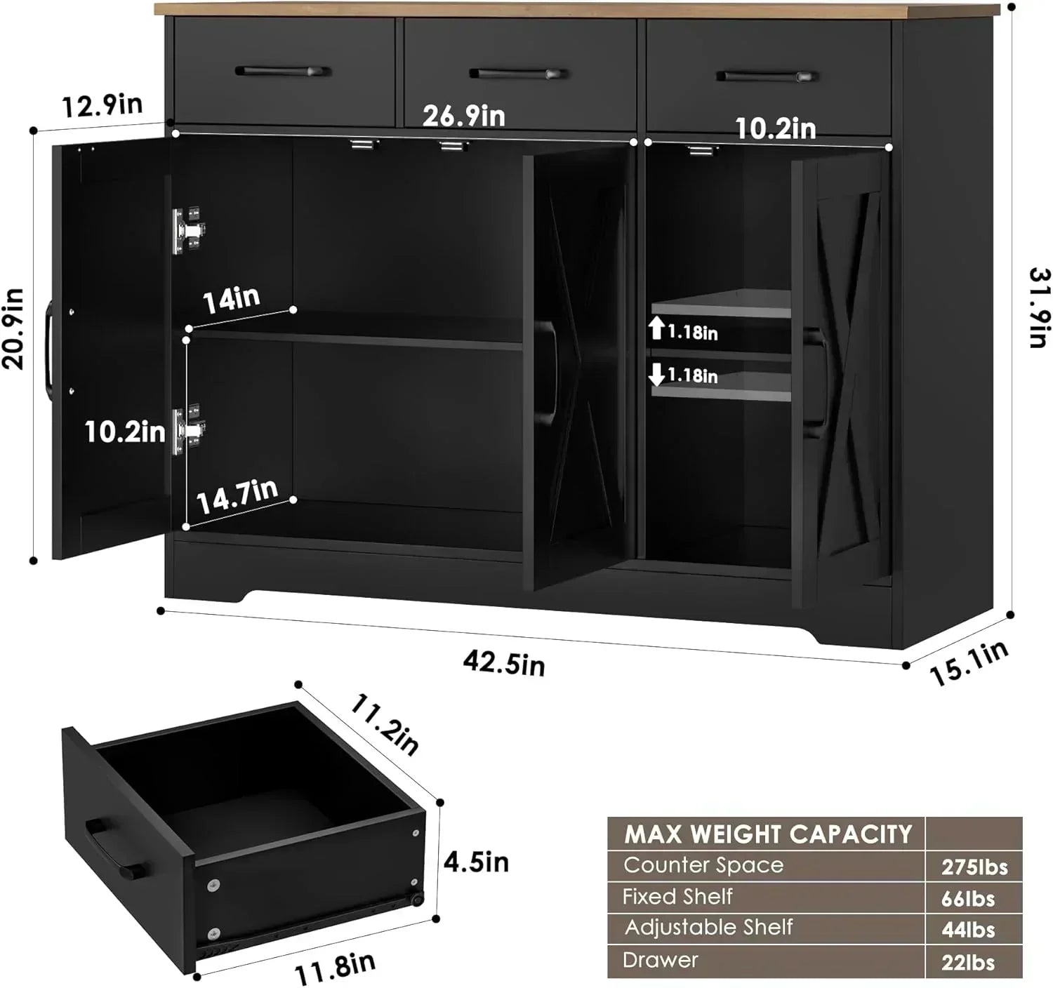 Modern farmhouse sideboard barn door buffet storage cabinet with drawers and shelves