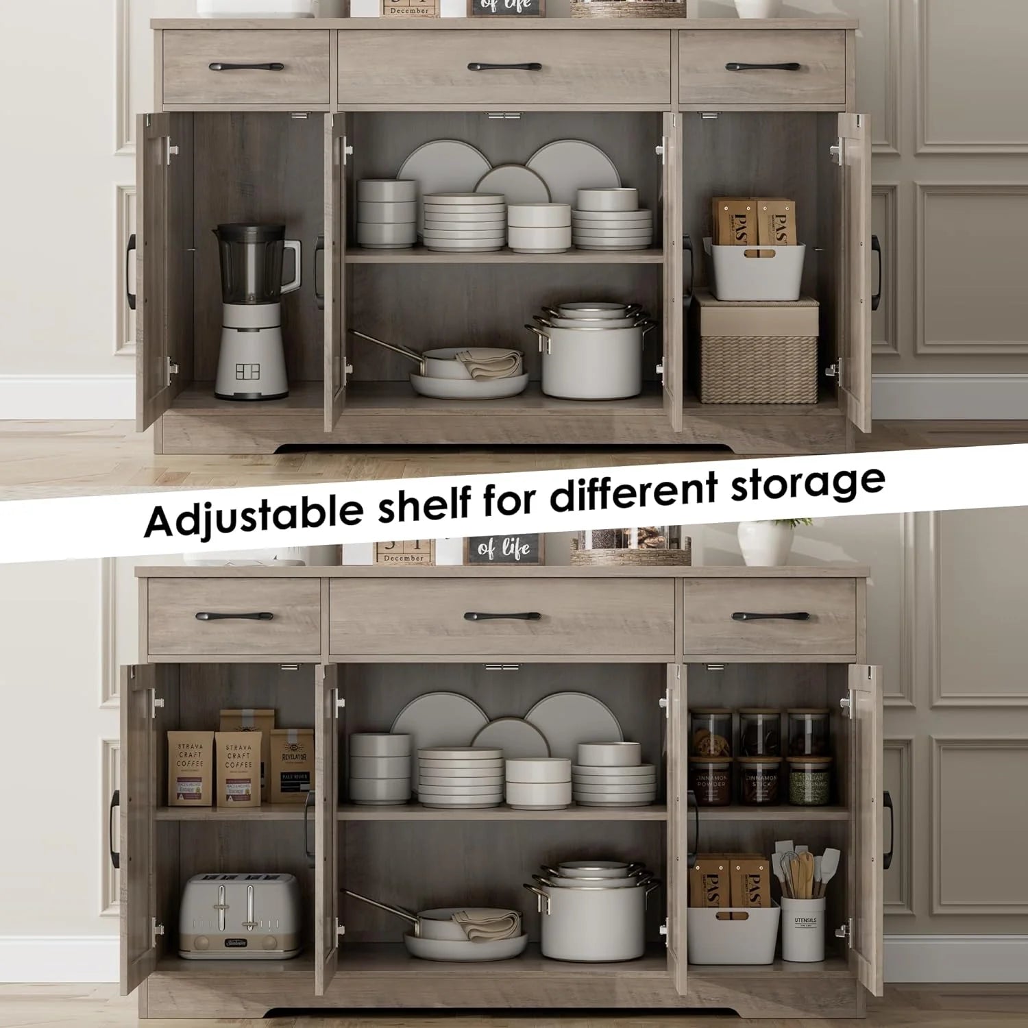 HOSTACK Buffet Cabinet with Drawers, 55 Large Sideboard Buffet Storage Cabinet with Shelves and Doors, Modern Farmhouse Coffee Bar Station Wood Kitchen Table for Kitchen, Dining Room, White/Rustic