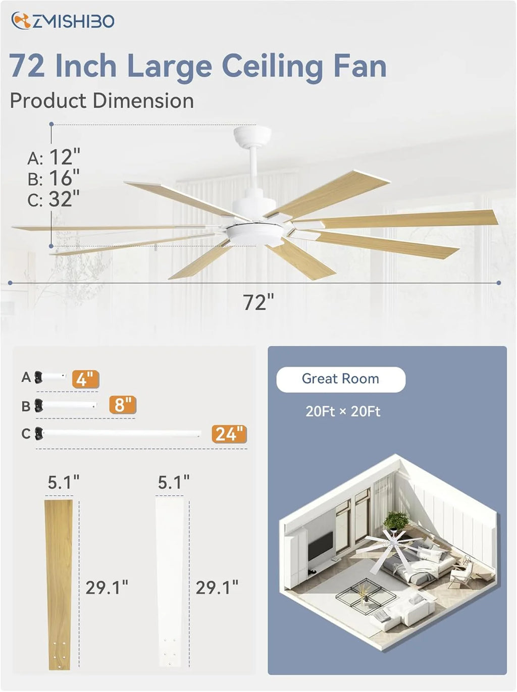 ZMISHIBO 72 inch Large Ceiling Fans with Lights and Remote, Indoor/Outdoor Black Modern Ceiling Fan for Kitchen Living Room Patio, 6 Speed Reversible Quiet DC Motor, 3 CCT, Dual Finish 8 Blades