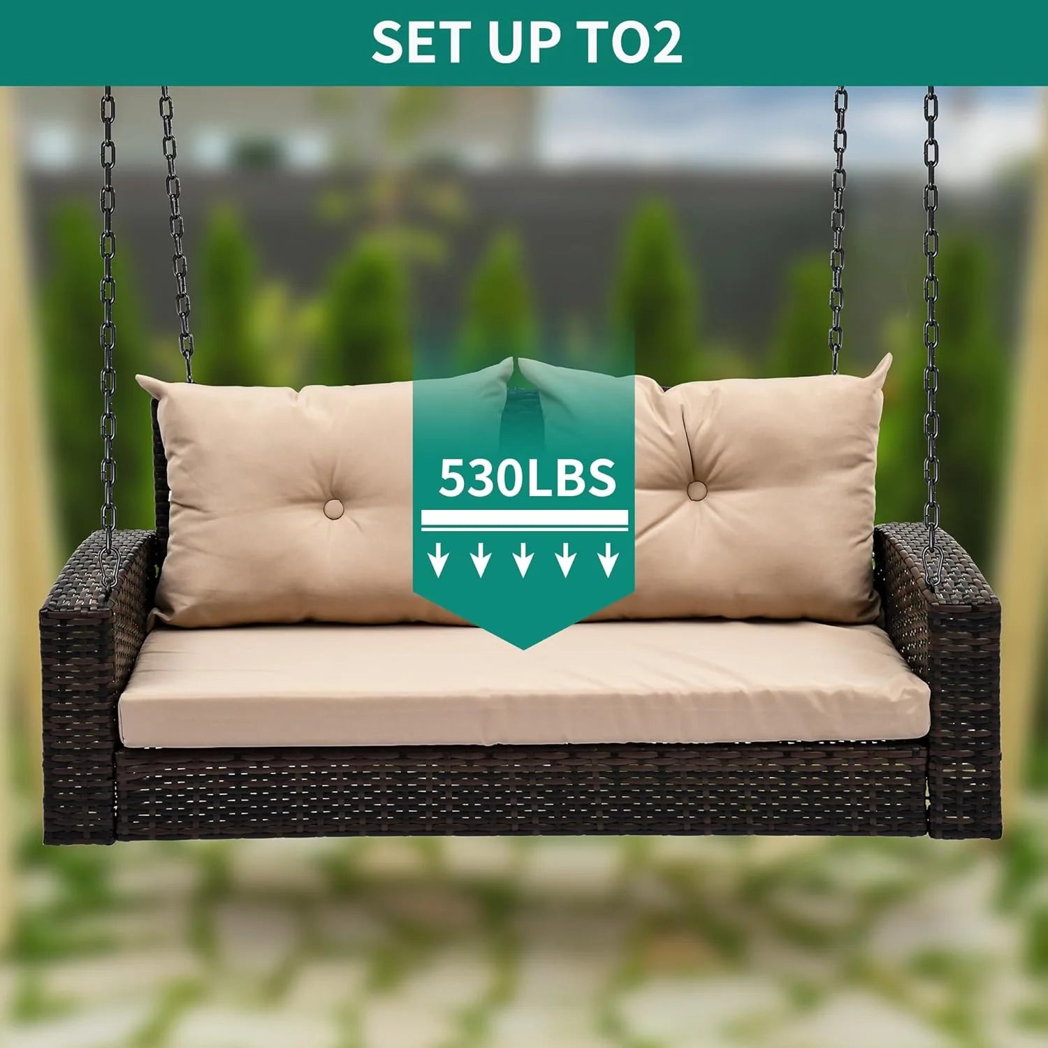 YITAHOME Hanging Porch Swing Chair Sits 3 People, Wicker Outdoor Swing Bench, Patio Lounge Chair, 1 Seating Cushion and 3 Back Cushions, w/Removable Covers, for Garden, Balcony, Backyard, Brown