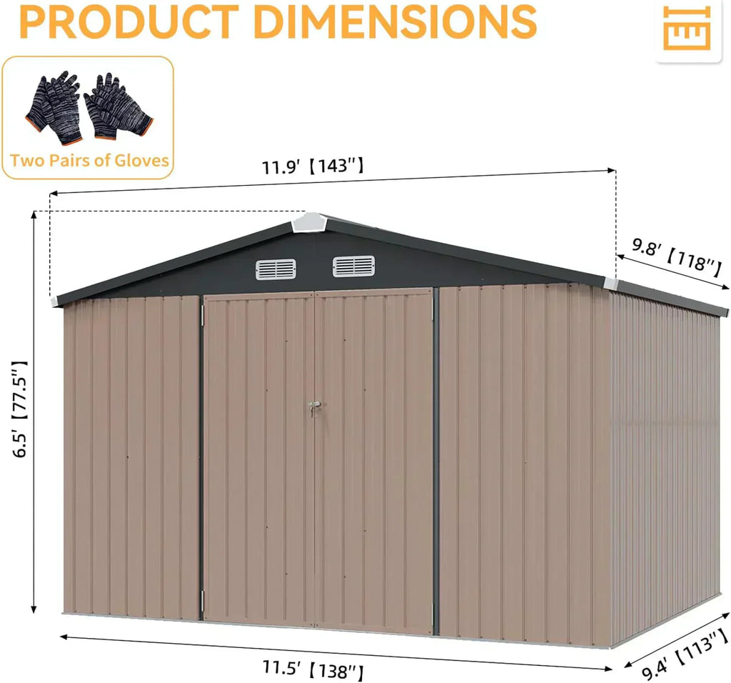 Aoxun 12x10 FT Shed Metal Outdoor Waterproof Storage Shed Steel Utility Garden Tool Shed