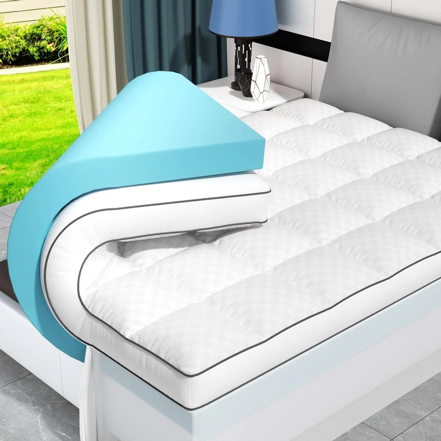 Queen Size Dual Layer 4 Inch Memory Foam Mattress Topper for Pressure Relief, 2 Breathable Pillow Top Plus 2 Cooling Gel Memory Foam Mattress Pad, 21 Elastic Pocket, Medium Support, White