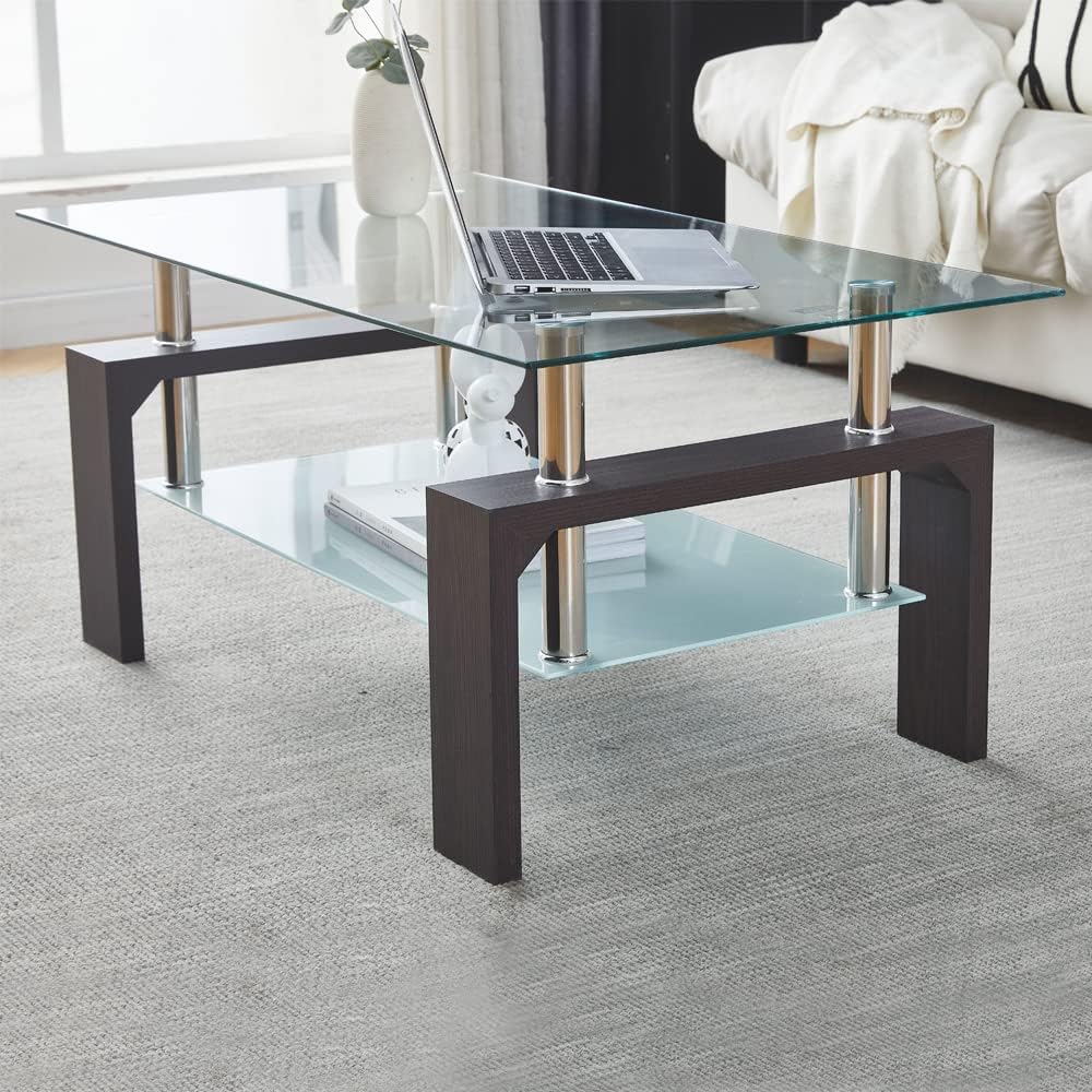 Living Room Rectangle Coffee Table, Tea Table Suitable for Waiting Room, Modern Side Coffee Table with Wooden Leg, Glass Tabletop