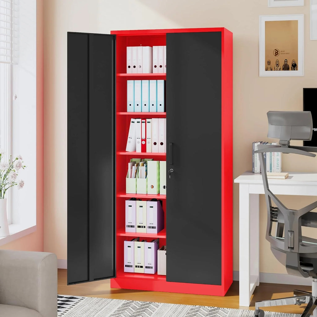 Metal Storage Cabinet with 2 Doors and 6 Shelves, Black Metal Cabinet with Lock, 71 Inch Lockable Garage Storage Cabinet