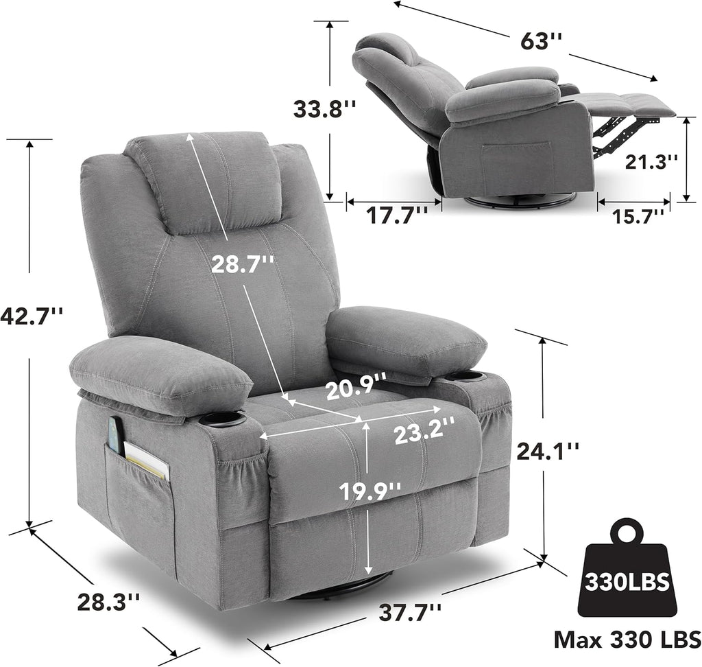 Large Swivel Rocking Recliner with Massage Function 360 Degree Swivel Rocking Single Sofa