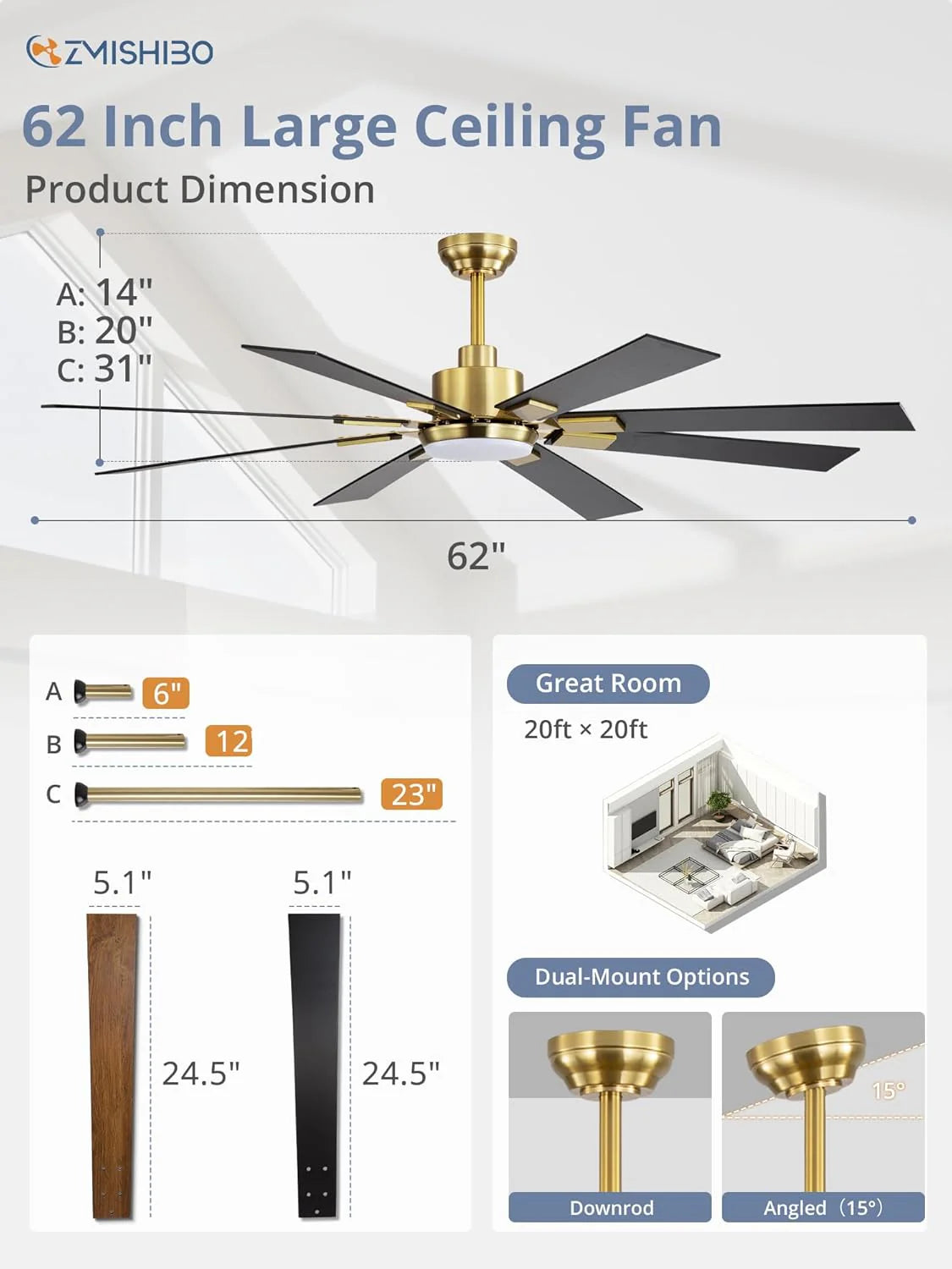 ZMISHIBO 72 inch Large Ceiling Fans with Lights and Remote, Indoor/Outdoor Black Modern Ceiling Fan for Kitchen Living Room Patio, 6 Speed Reversible Quiet DC Motor, 3 CCT, Dual Finish 8 Blades