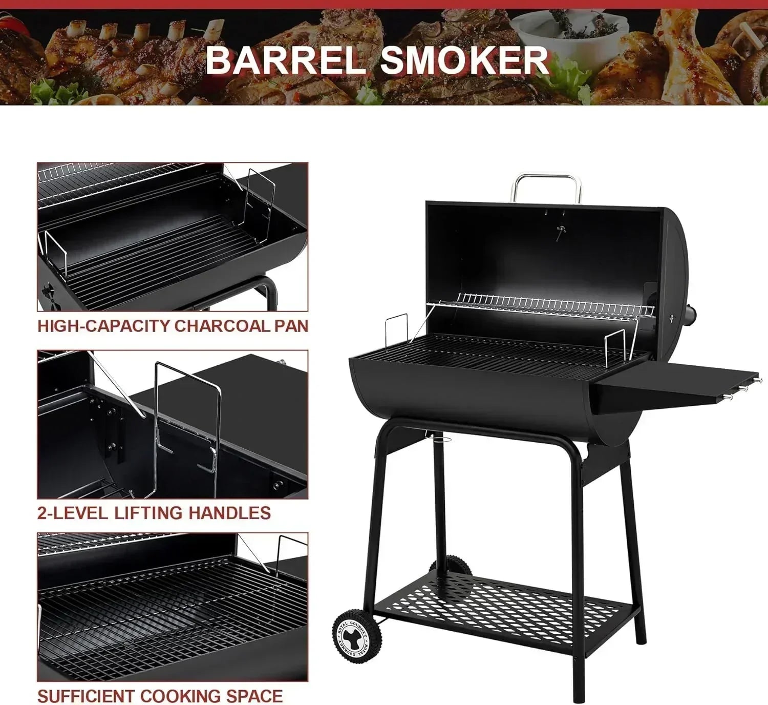 Royal Gourmet CC1830 30 Inch Barrel Charcoal Grill with Side Table Outdoor BBQ Grill  for Backyard