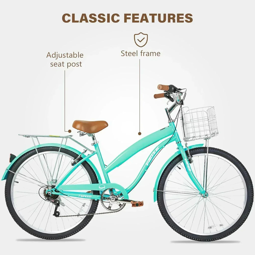 WEIZE Beach Cruiser Bike 26 inch Commuter Bicycle for Adult Men and Women 7-Speed/High-Carbon
