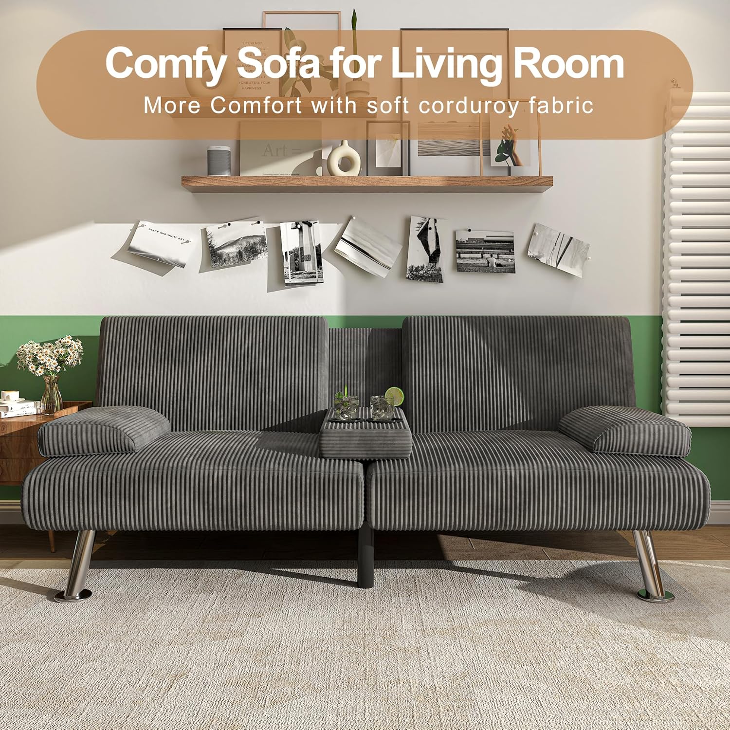 Shahoo Modern Linen Upholstered Convertible Folding Futon Sofa Bed with Removable Armrests