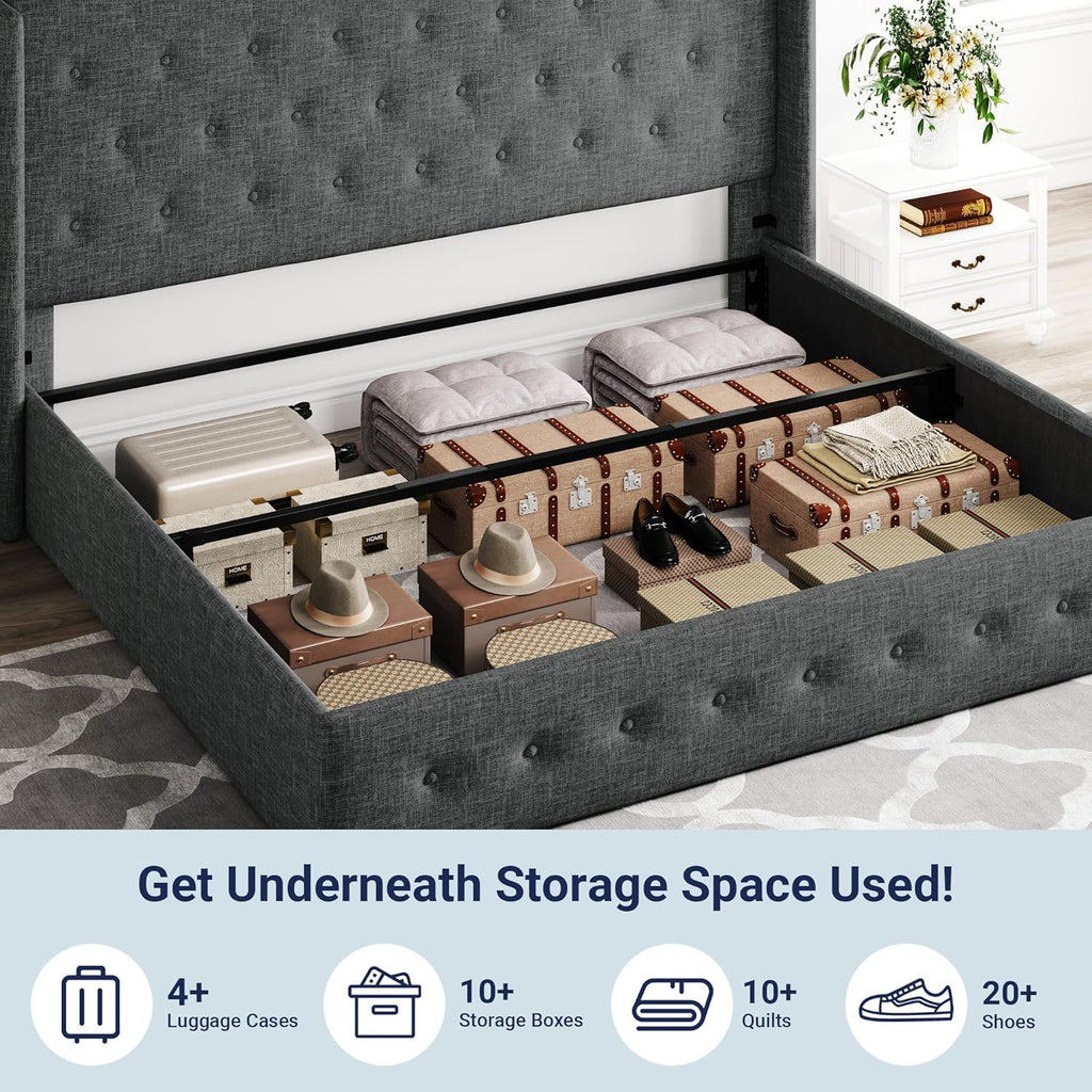 Allewie Queen Size Lift Up Storage Bed Modern Wingback Headboard Hydraulic Support