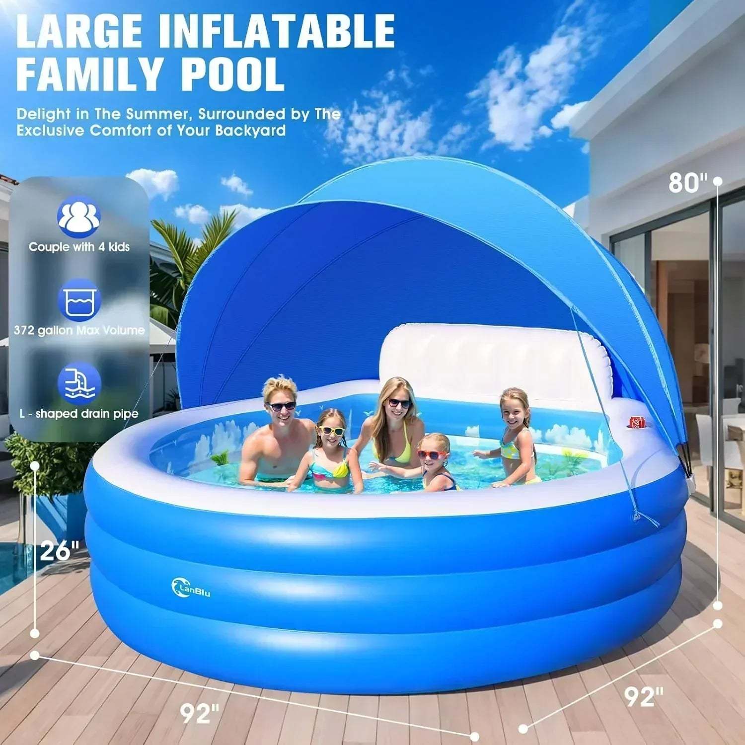 2025 Upgraded Inflatable Pool with Canopy Inflatable Family Lounge Pool Round Blow Up Pool