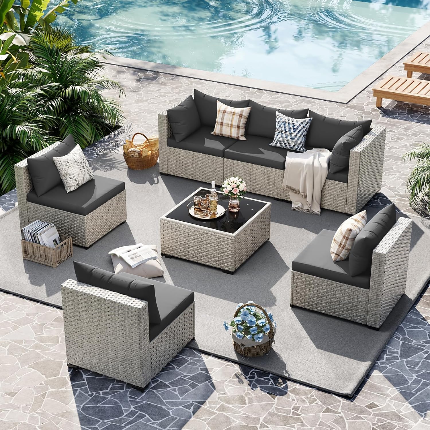 UDPATIO Outdoor Patio Furniture Set, 7-Piece PE Wicker Sectional Sofa with Tea Table, Outdoor Conversation Set for Patio, Garden, Backyard Green