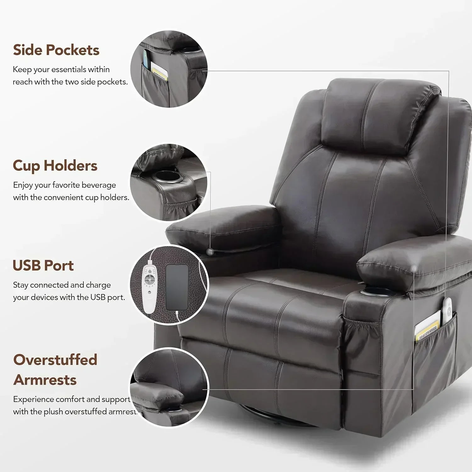 Large Swivel Rocking Recliner with Massage Function 360 Degree Swivel Rocking Single Sofa