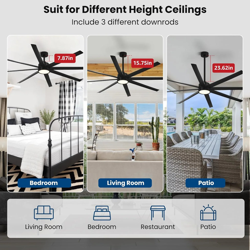 Modern Ceiling Fans with Lights, 72 Inch Ceiling Fan with Light and Remote, Bedroom Living Room Library Cafe Outdoor/Industrial,24W 3CCT Dimmable, 8 Blades 6 Speed Reversible Quiet DC Motor, Black
