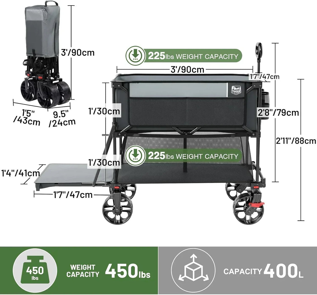 400L Large Capacity Folding Double Decker Cart with Brakes 54 Inch Extra Long Extended Cart