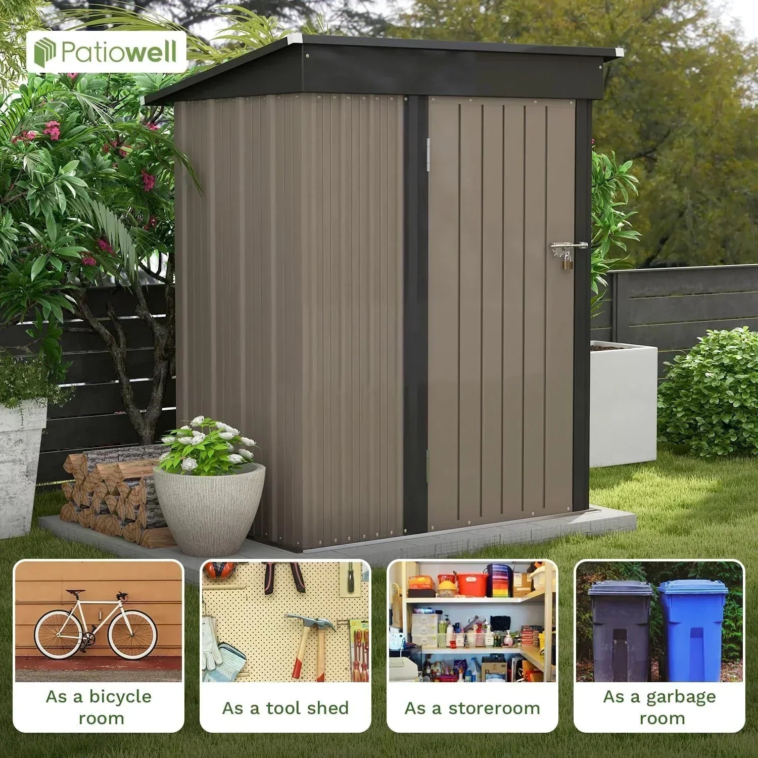 Patiowell 5x3 FT Outdoor Storage Shed Tool Shed with Sloping Roof and Lockable Door Metal Shed