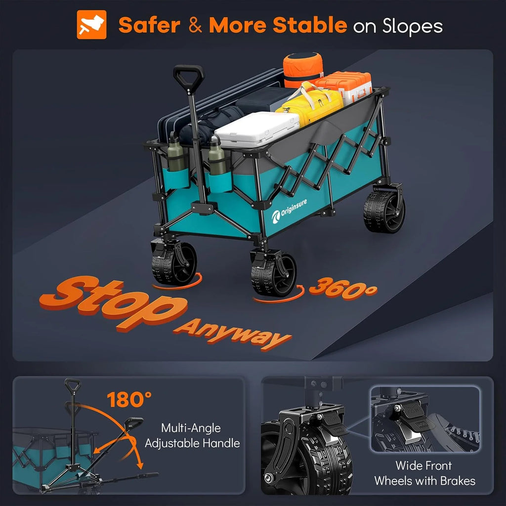 38 long foldable four-wheel stroller, foldable, 460 lb capacity, 220 liter heavy-duty folding beach stroller with large all-terrain tires