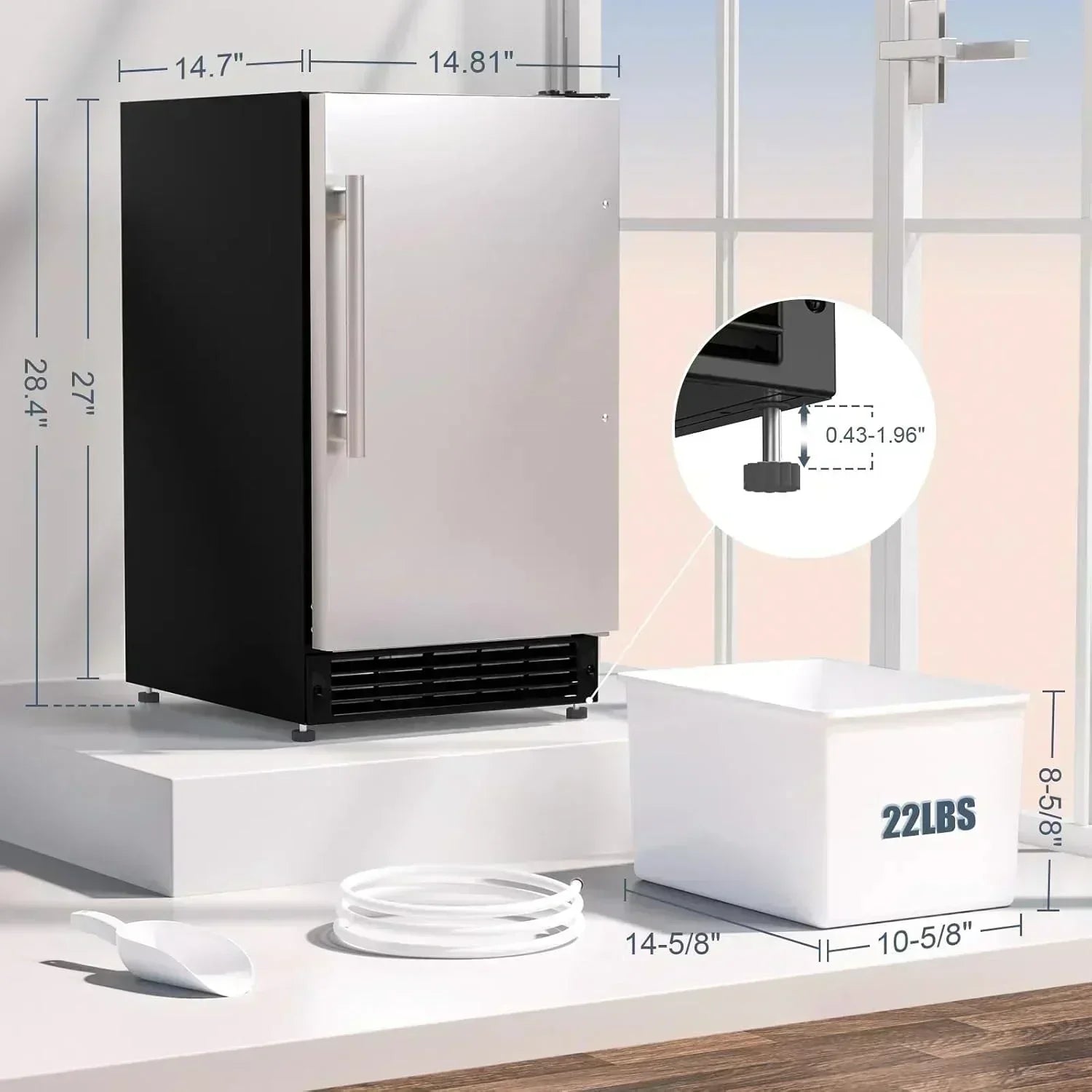 COTLIN 15 W Drainless Under Counter Ice Maker 22 LBS Storage Bin Free Standing
