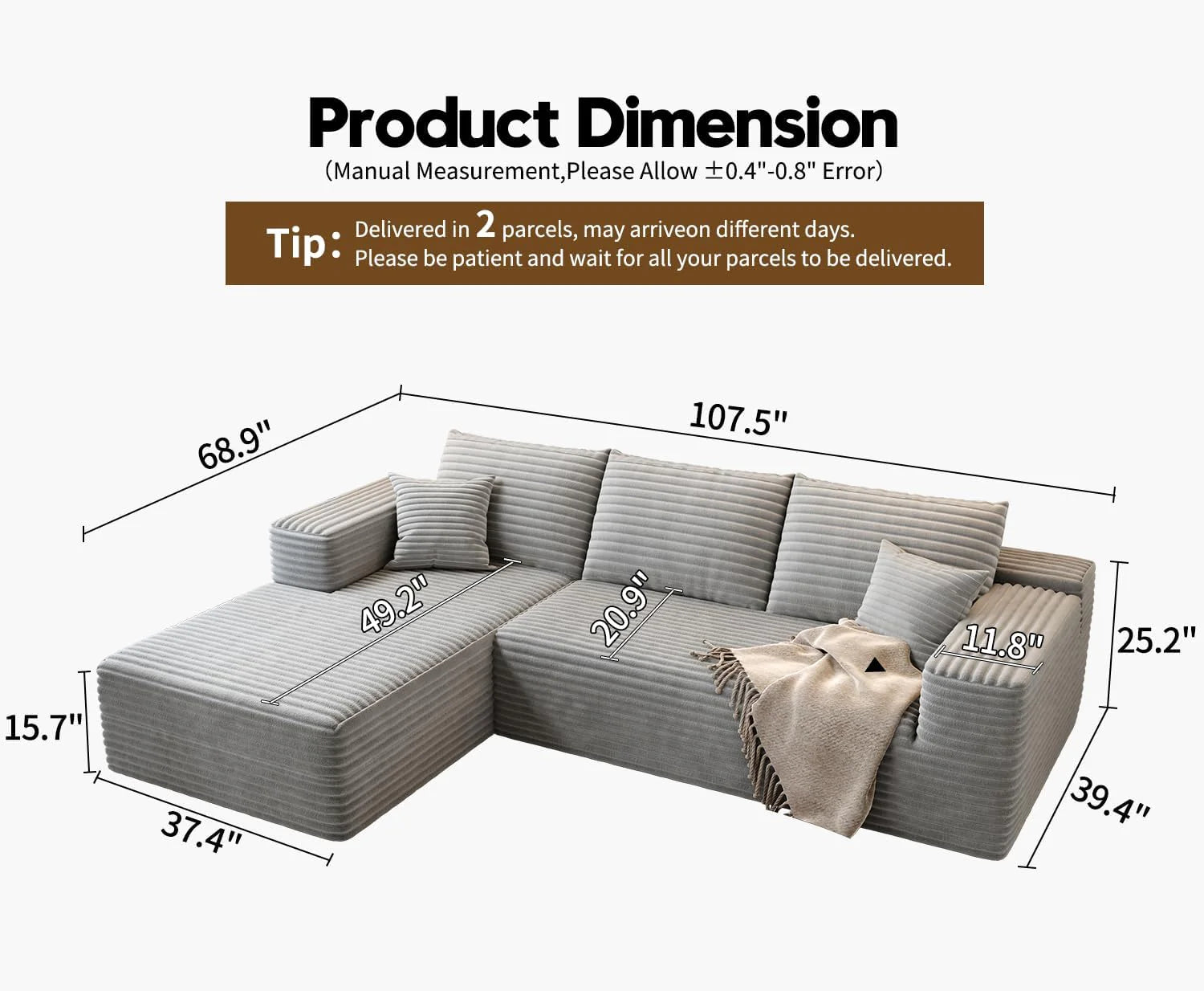107.5 Cloud Modular Sectional Sofa Couch with L-Shape Chaise,Modern Minimalist Upholstered Couches