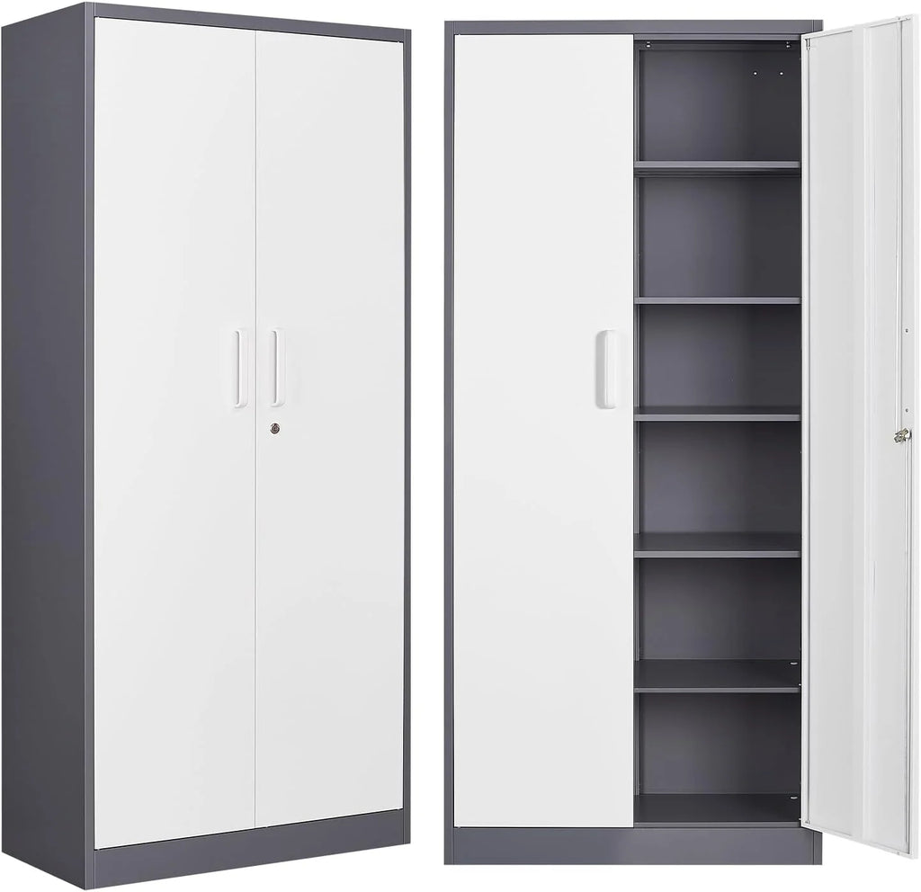 Metal Storage Cabinet with 2 Doors and 6 Shelves, Black Metal Cabinet with Lock, 71 Inch Lockable Garage Storage Cabinet