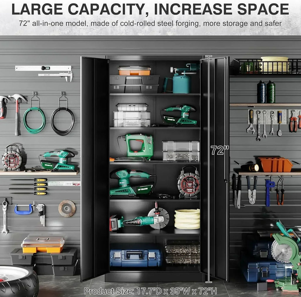 Metal Storage Cabinet with 2 Doors and 6 Shelves Black Metal Cabinet Garage Storage Cabinet