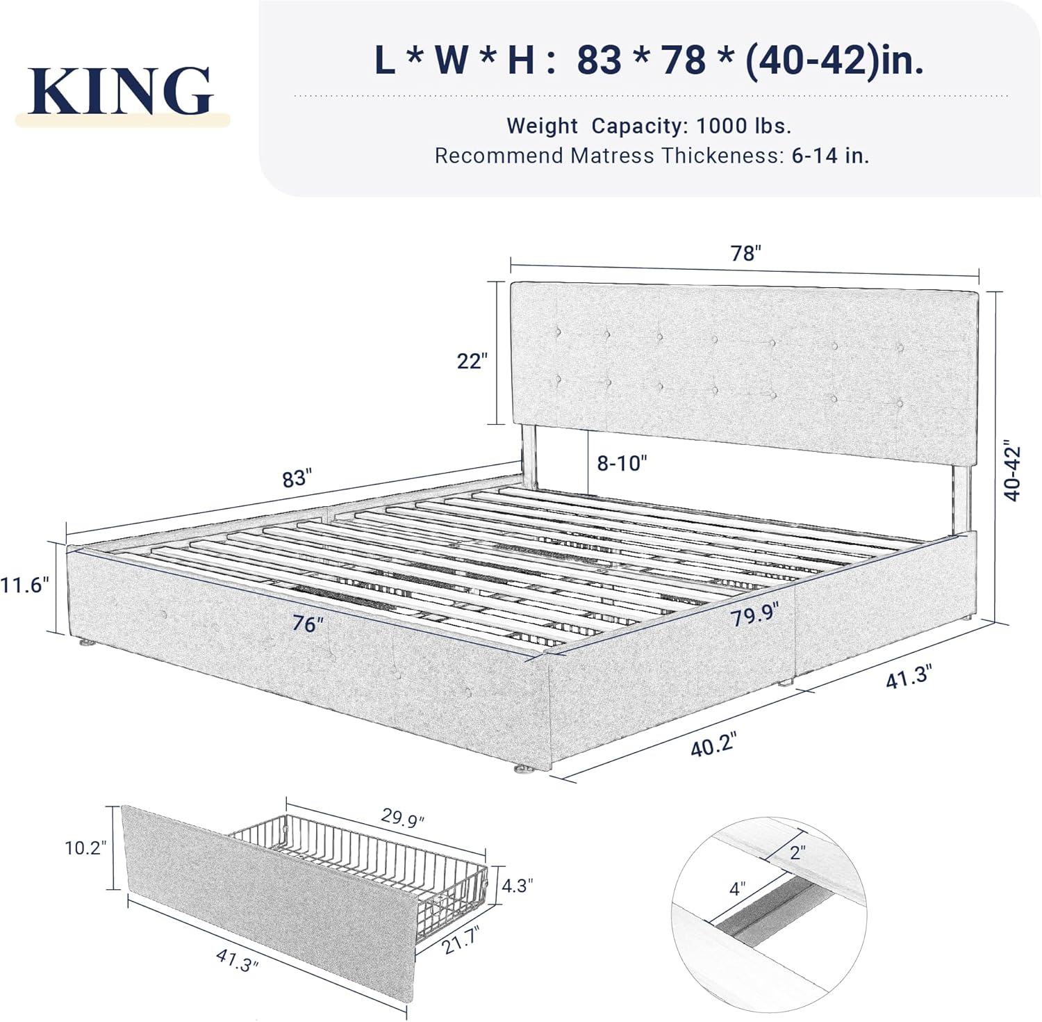 Allewie Upholstered Queen Size Platform Bed Frame with 4 Storage Drawers and Headboard