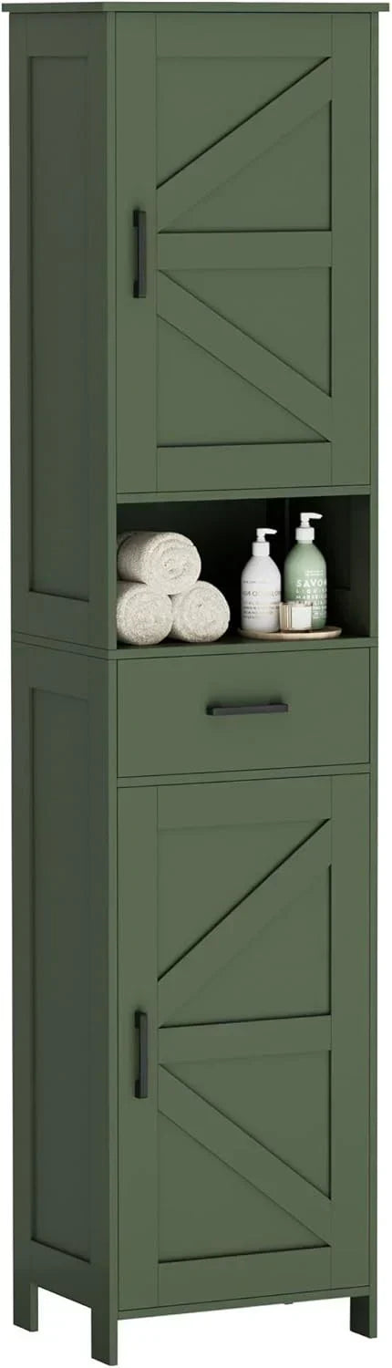 Homhedy 67 H Tall Bathroom Storage Cabinet with 2 Barn Doors and 1 Drawer Narrow Storage Unit