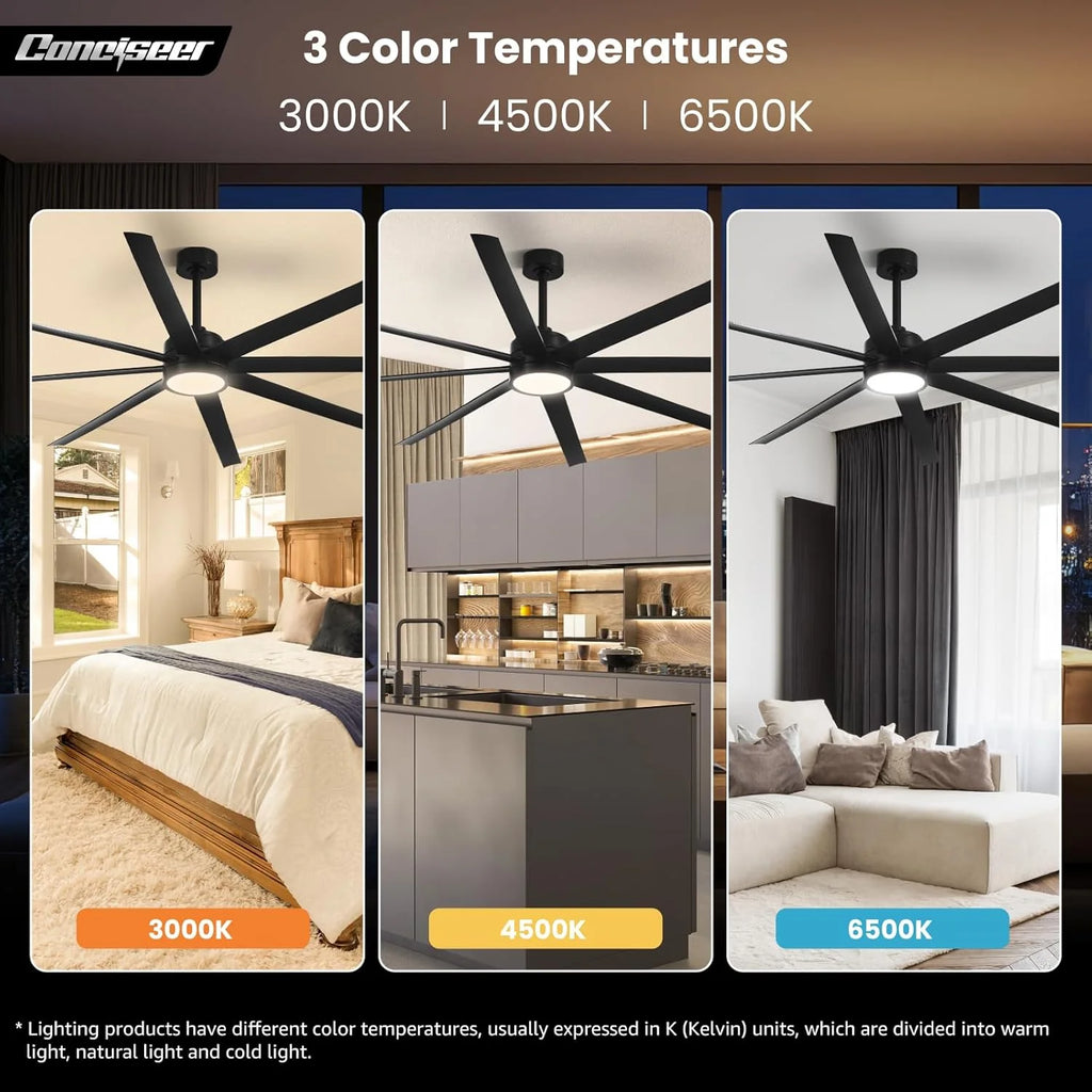 Modern Ceiling Fans with Lights, 72 Inch Ceiling Fan with Light and Remote, Bedroom Living Room Library Cafe Outdoor/Industrial,24W 3CCT Dimmable, 8 Blades 6 Speed Reversible Quiet DC Motor, Black