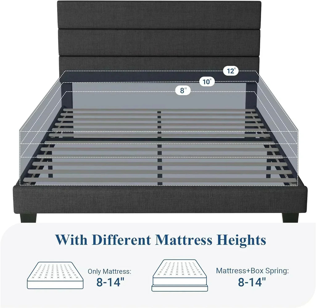 Allewie King size platform bed frame with velvet upholstered headboard and planks