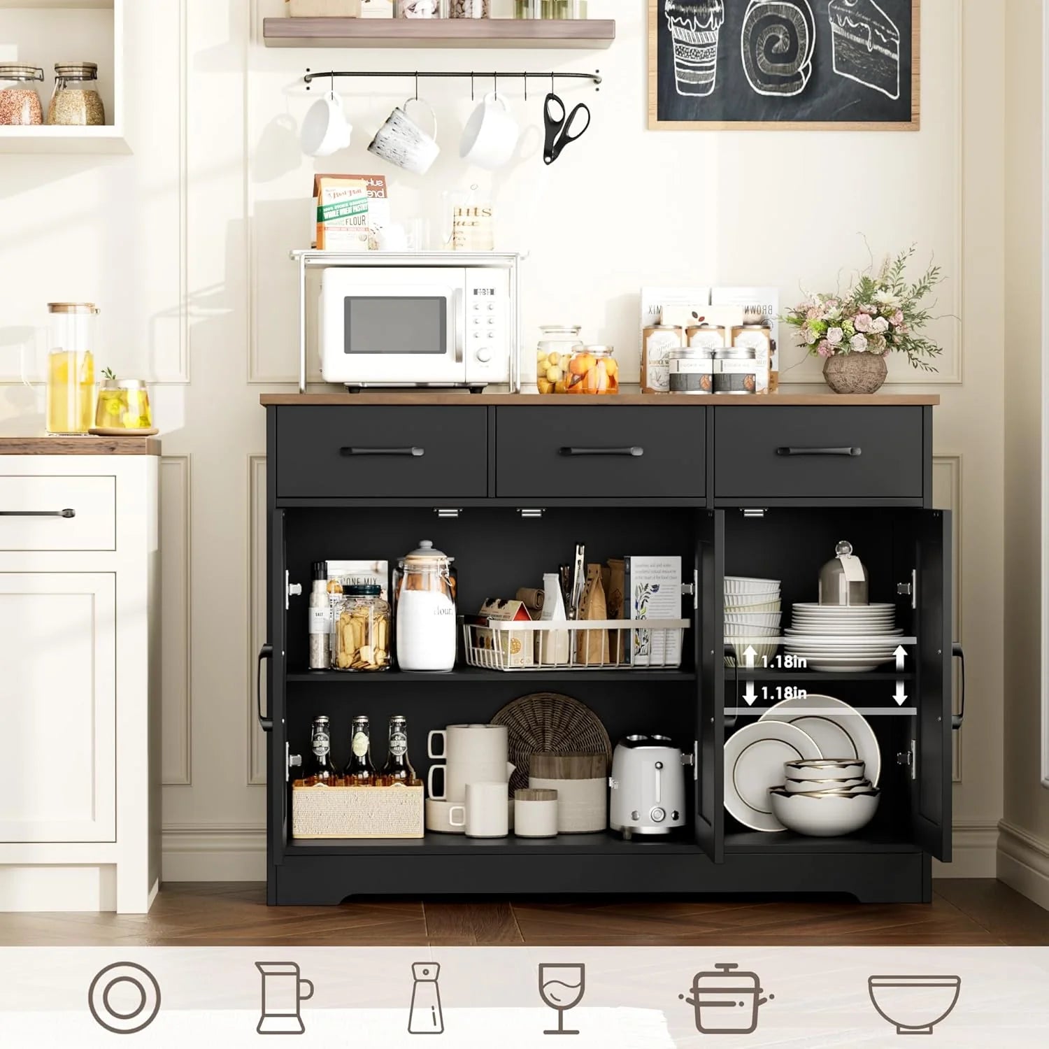 Modern farmhouse sideboard, barn door buffet storage cabinet with drawers and shelves, wooden coffee bar with storage