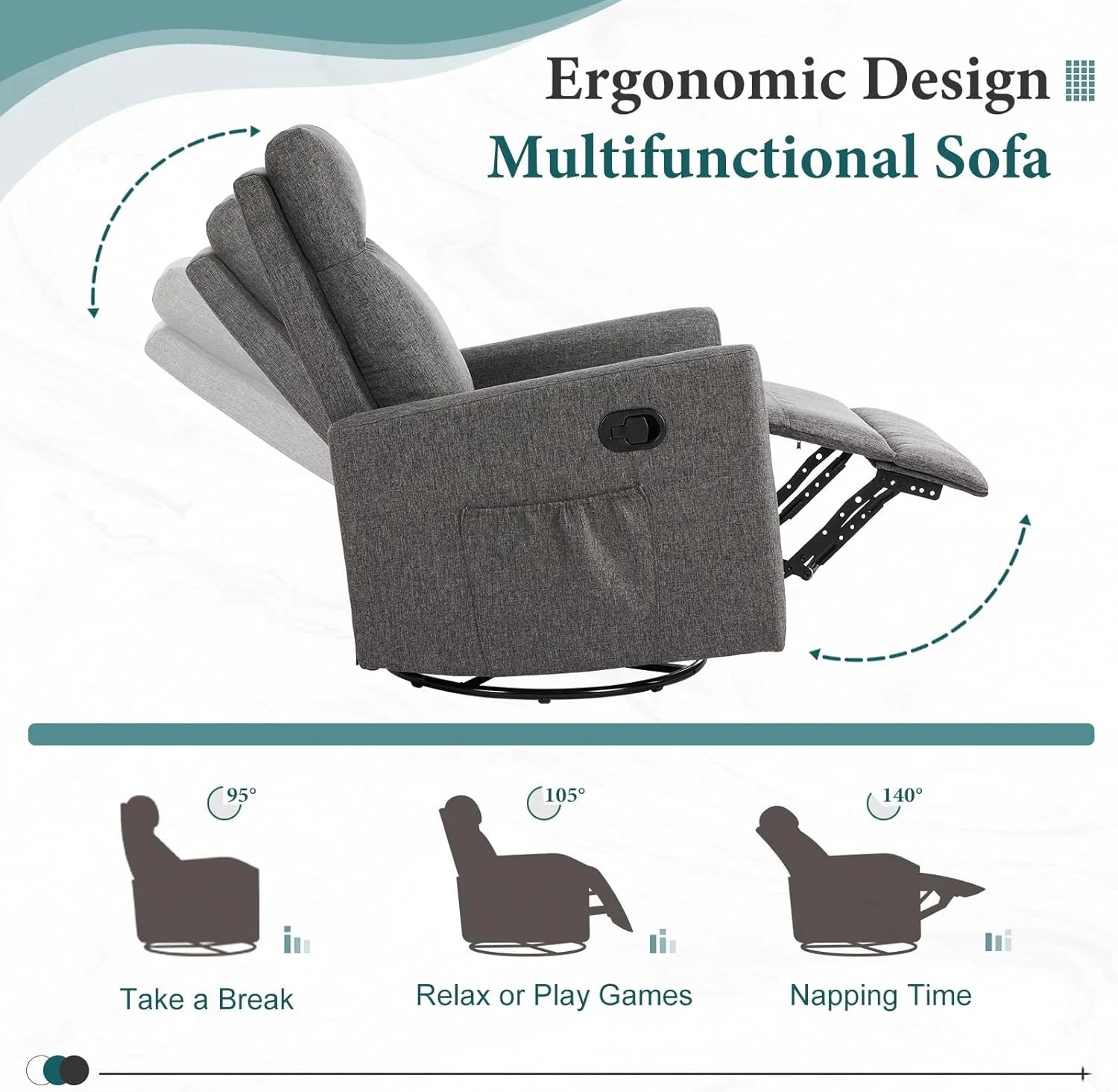 DUMOS Recliner Chair for Adults, Massage Reclining Chair for Living Room, Adjustable Home Theater Seating Single Sofa with Padded Seat Backrest and Footrest, Linen, Grey