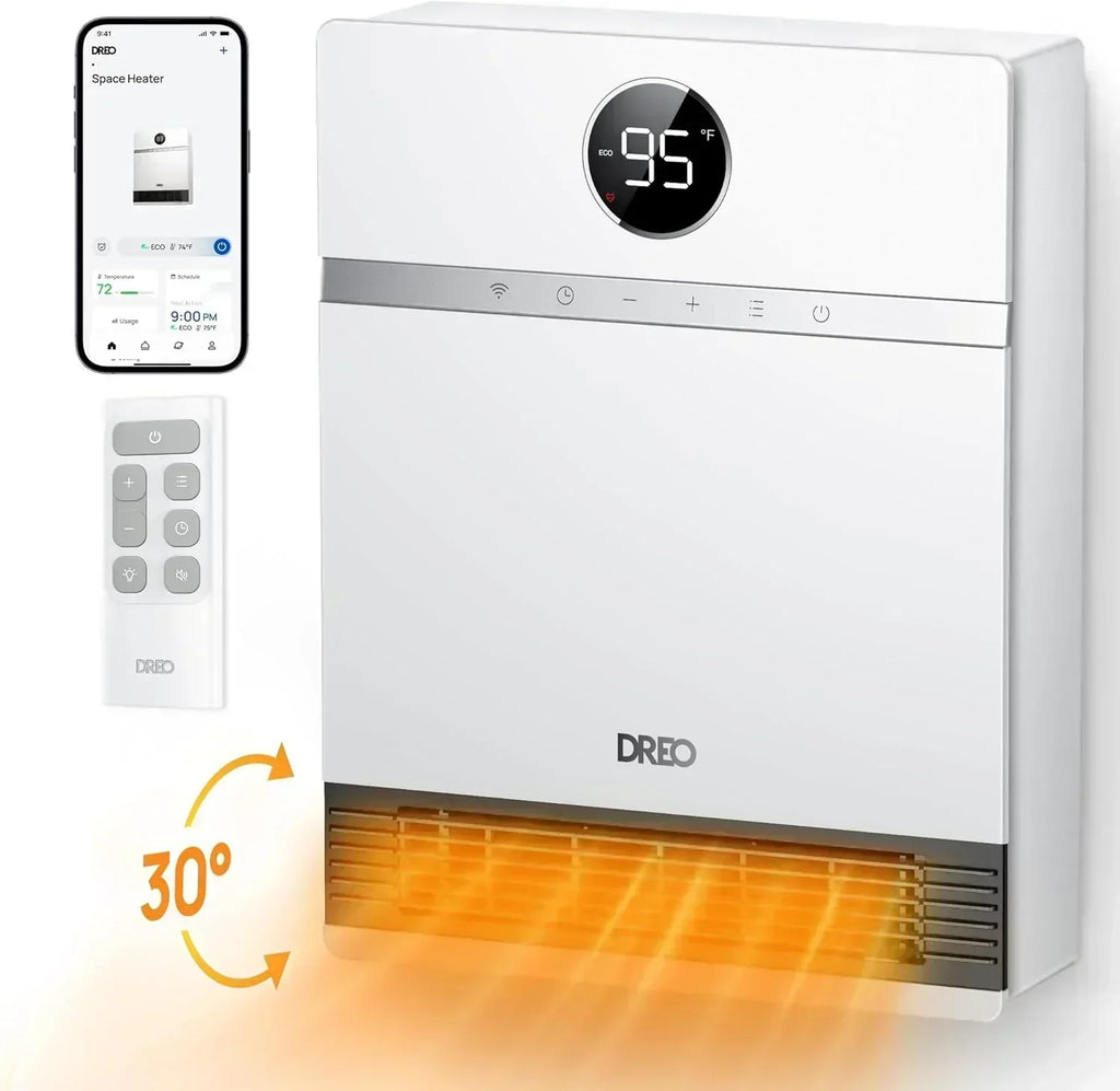 Smart wall-mounted heater for indoor use with adjustable thermostat and remote control