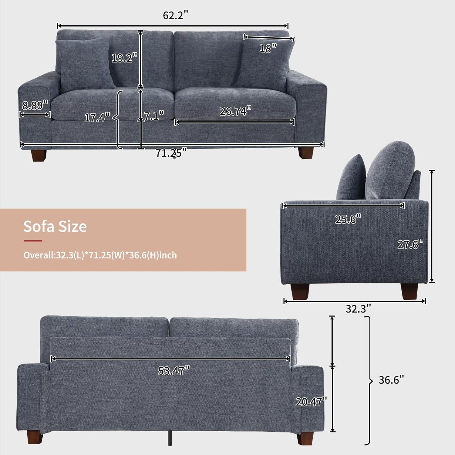 DOPEDIO living room double sofa chenille lounge chair removable solid wood frame
