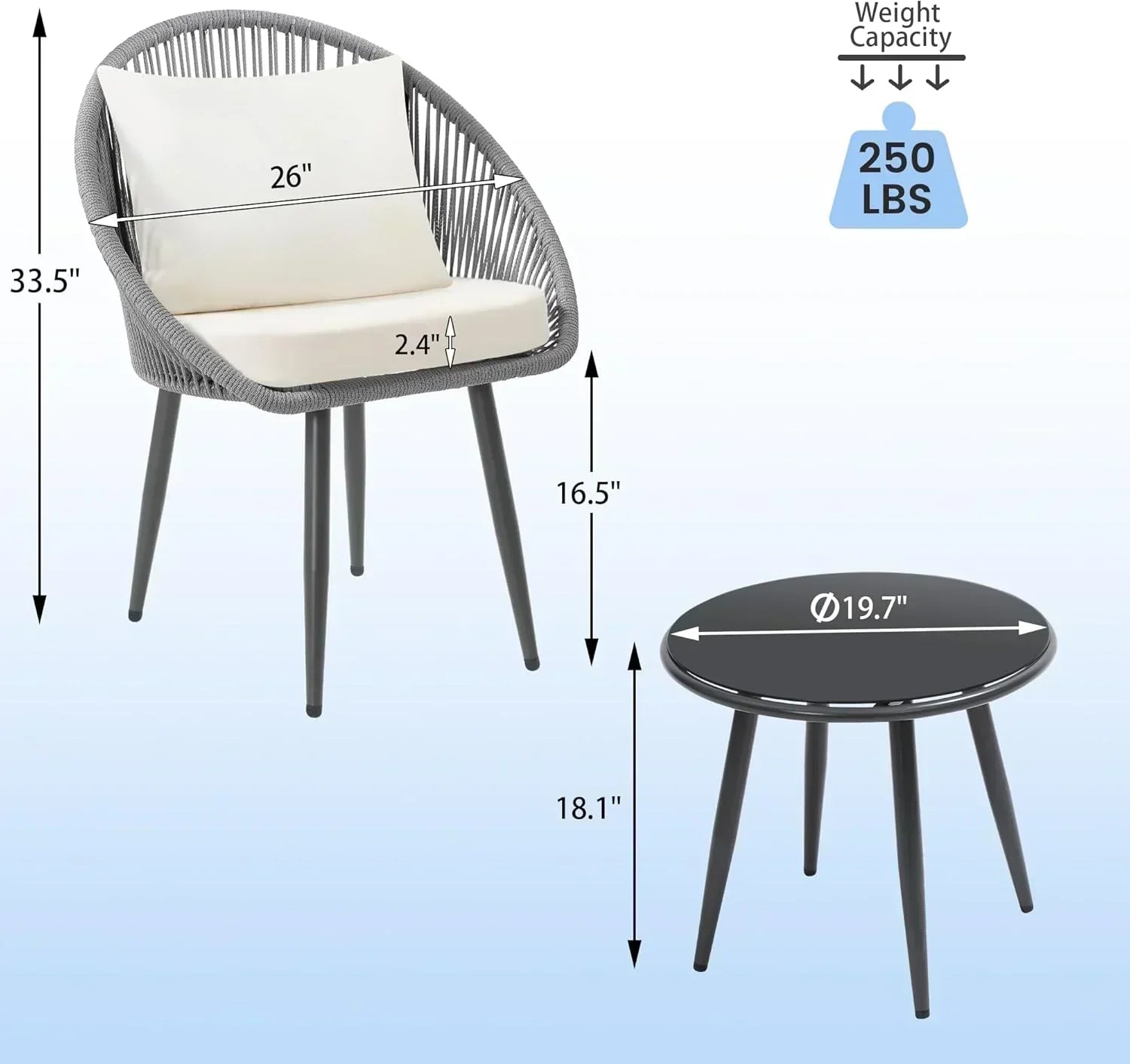 3 Piece Bistro Set Woven Rope Chair with Cushions All Weather Patio Conversation Set Side Table