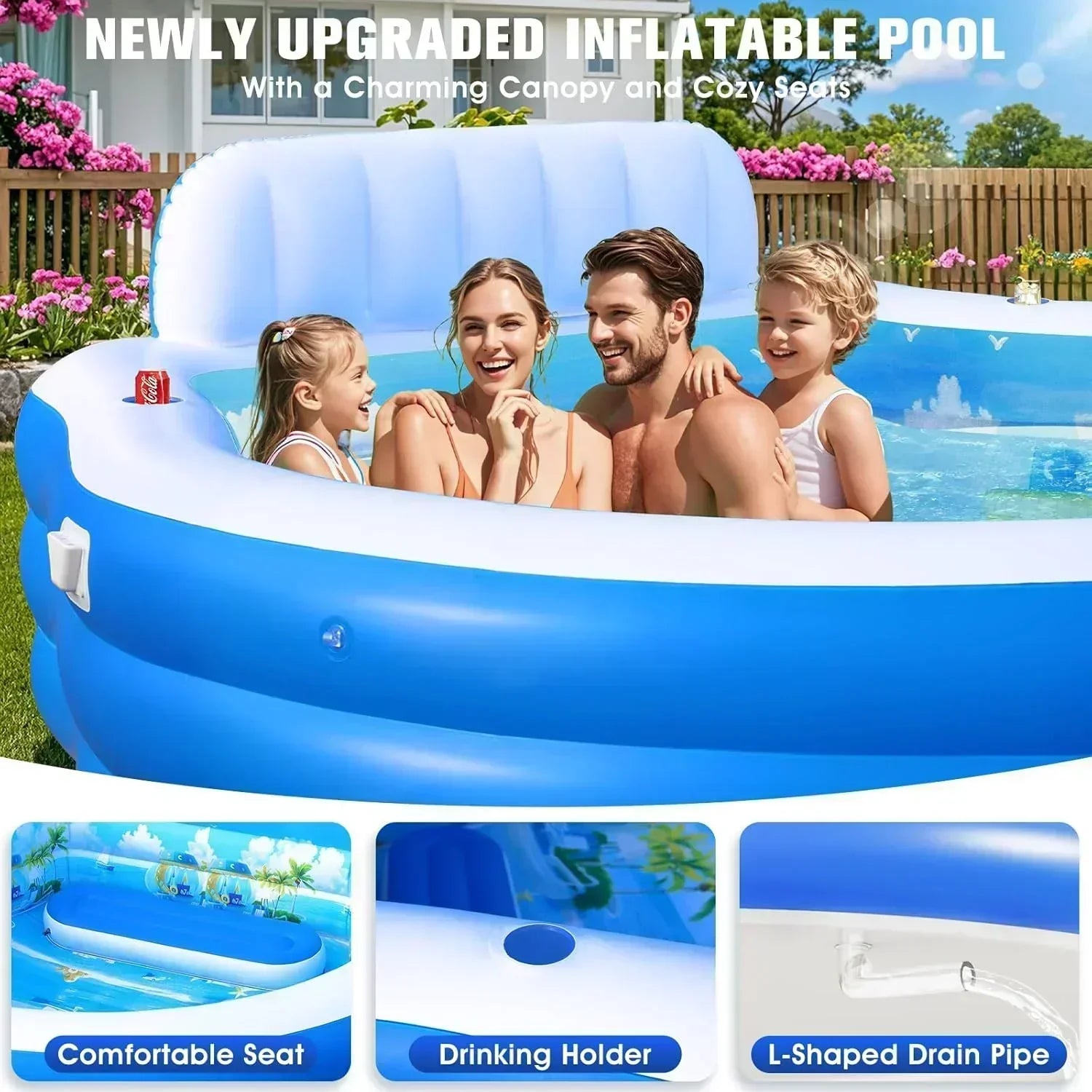 2025 Upgraded Inflatable Pool with Canopy Inflatable Family Lounge Pool Round Blow Up Pool