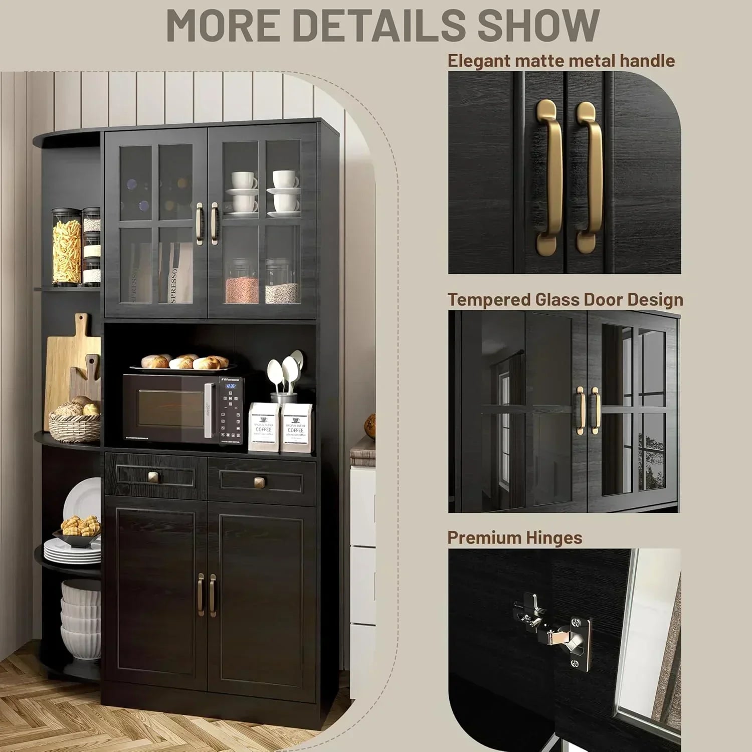 Kitchen Hutch Pantry Cabinet 71 Tall with Glass Doors