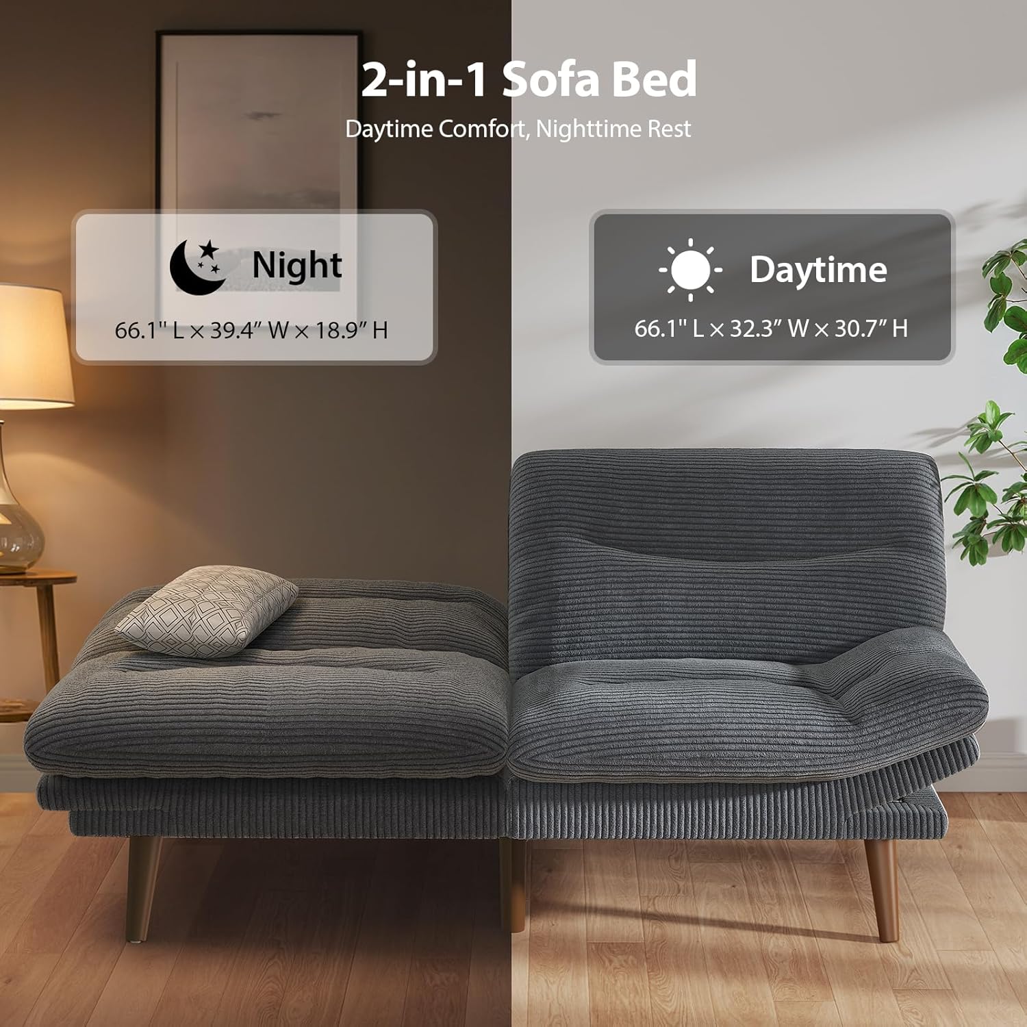 Convertible Futon Sofa Bed 66 Inch Corduroy Futon Sofa Recliner Sofa Bed for Small Spaces