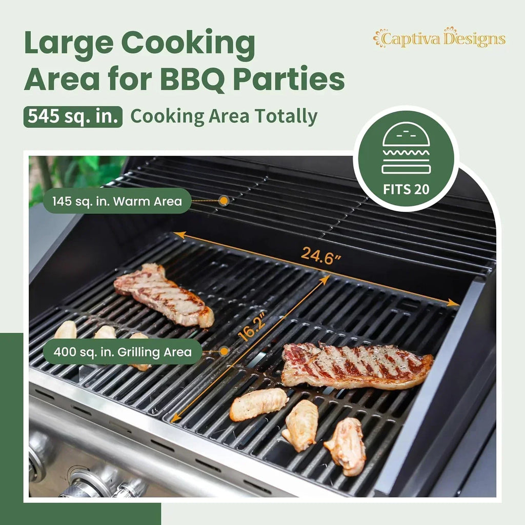 Captiva Designs 4-Burner Propane Gas BBQ Grill Side Burner Porcelain-Enameled Cast Iron Grates
