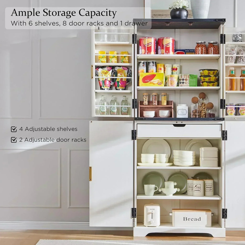 Fluted Pantry Cabinet 72 Tall Modern Storage Cabinet with 4 Doors Organizer Drawer