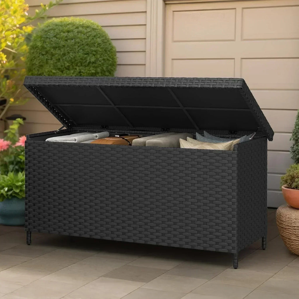 DWVO 70Gal Outdoor Storage Bench with Cushion Composite Wood Backrest Wicker Deck Bench