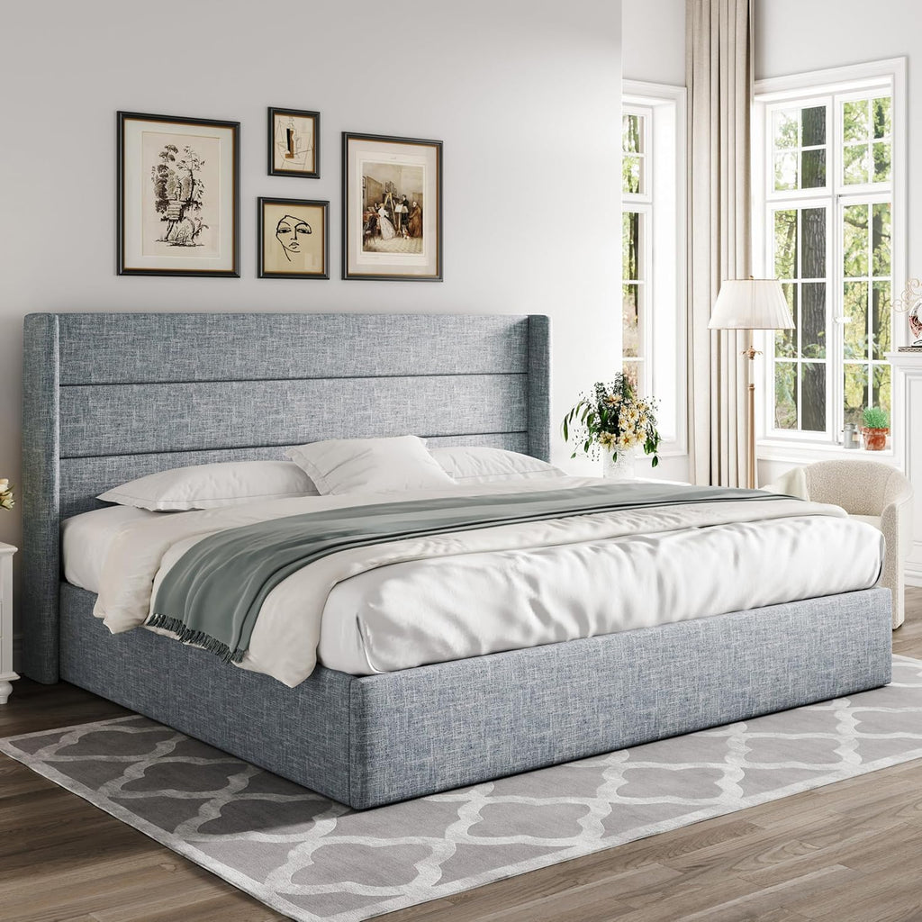 Allewie Queen Size Lift Up Storage Bed Modern Wingback Headboard Hydraulic Support