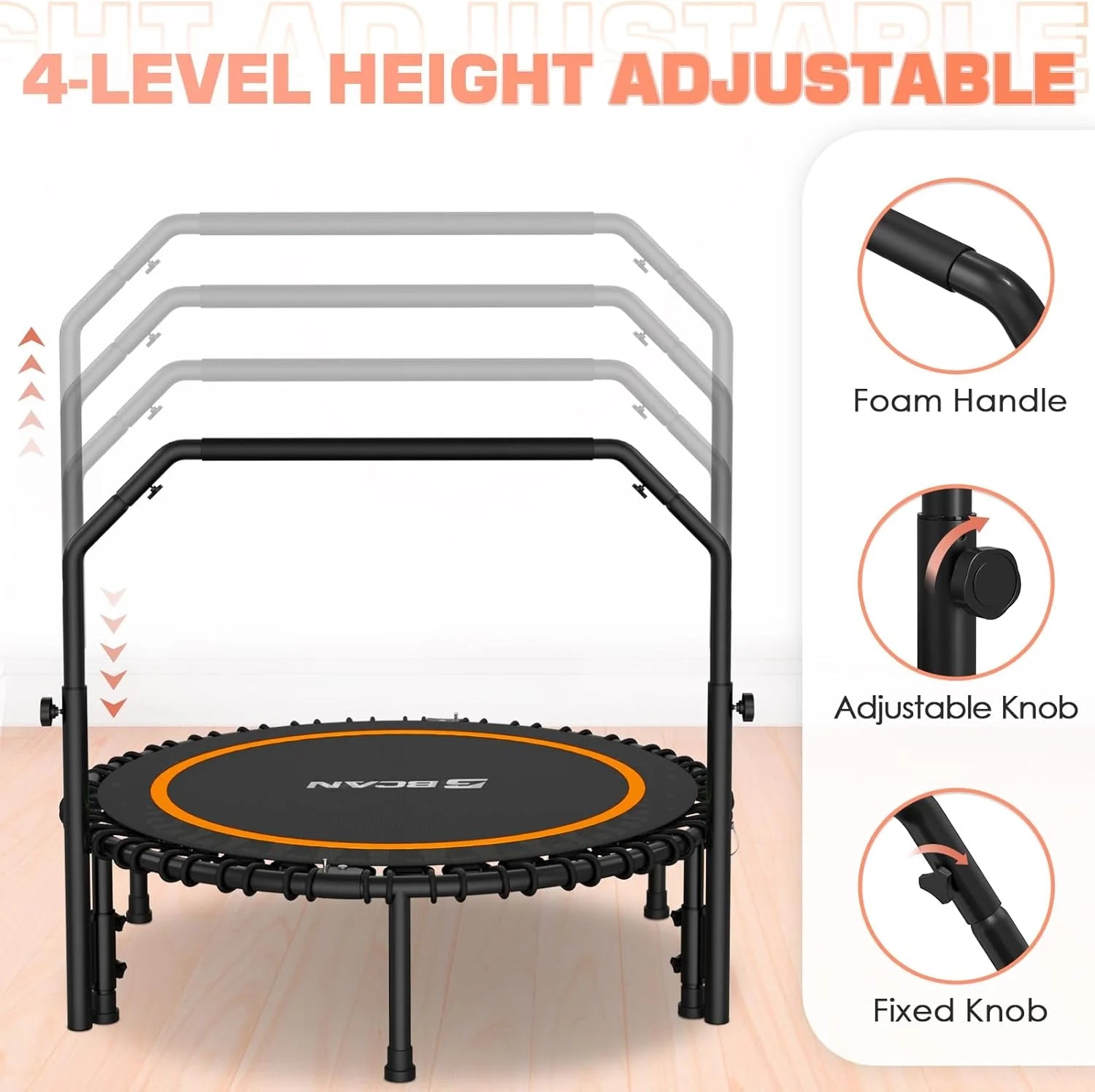 BCAN 450/550 LBS Foldable Mini Trampoline, 40/48 Fitness Trampoline with Bungees, U Shape Adjustable Foam Handle, Stable & Quiet Exercise Rebounder for Adults Indoor/Outdoor Workout
