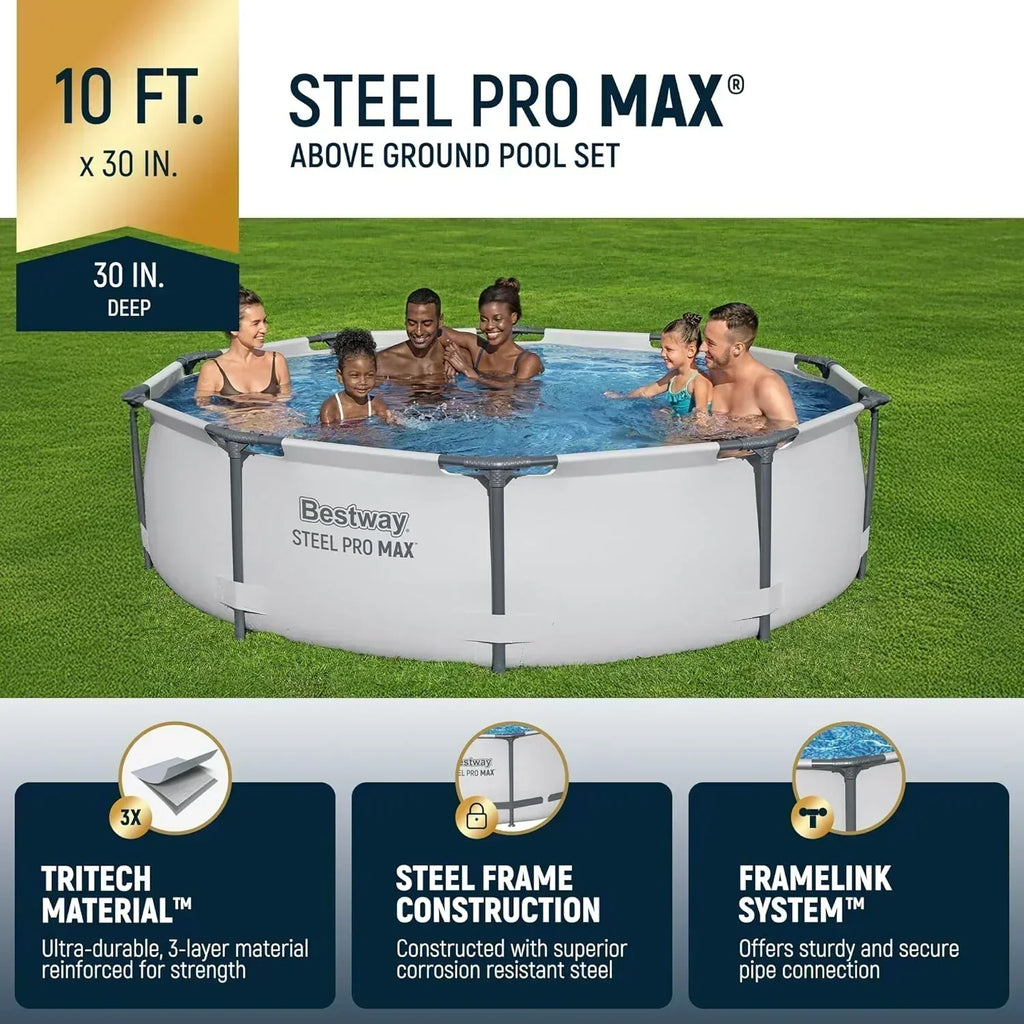Steel Pro MAX 10 Foot x 30 Inch Round Metal Frame Above Ground Backyard Swimming Pool Set